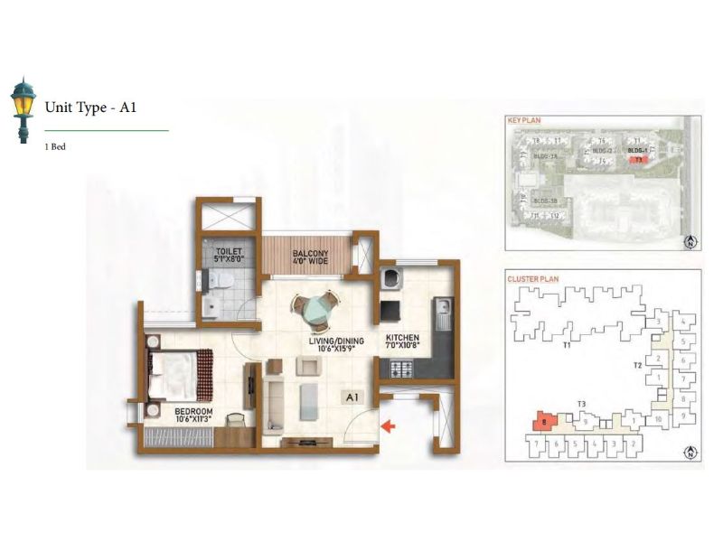 Prestige Finsbury Park 1 BHK Floor Plan Type A1