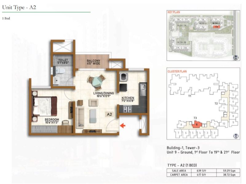 Prestige Finsbury Park 1 BHK Floor Plan Type A2