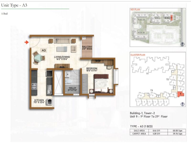 Prestige Finsbury Park 1 BHK Floor Plan Type A3