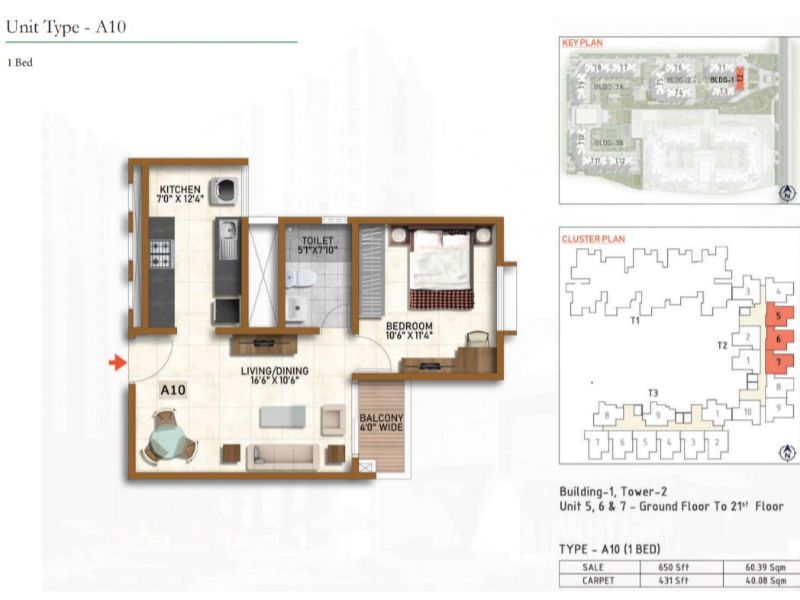 Prestige Finsbury Park 1 BHK Floor Plan Type A10