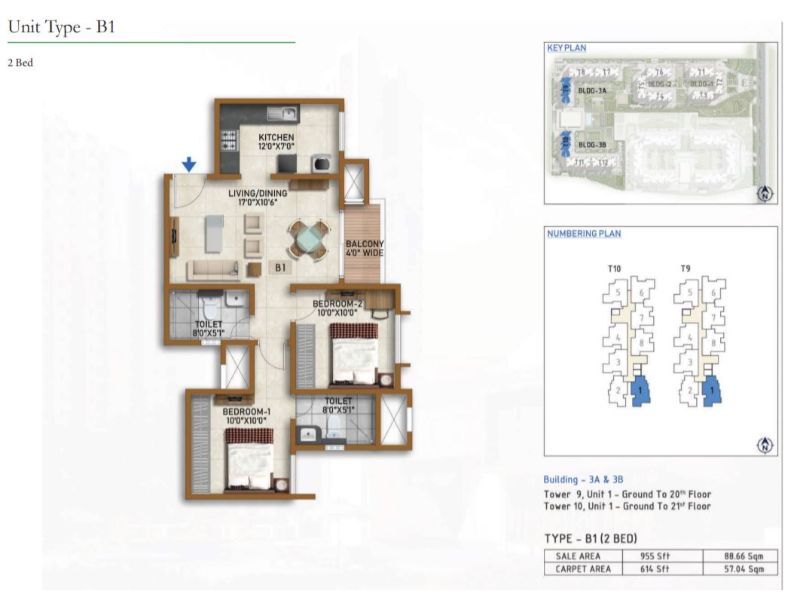 Prestige Finsbury Park 2 BHK Floor Plan Type B1