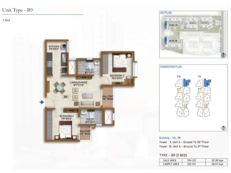 Prestige Finsbury Park 2 BHK Floor Plan Type B9