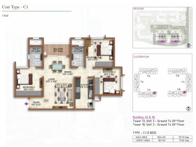 Prestige Finsbury Park 3 BHK Floor Plan Type C1