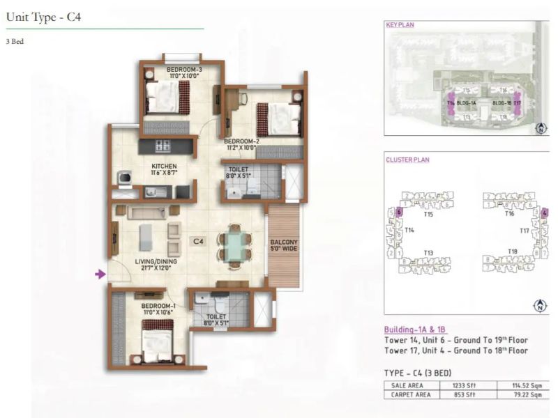 Prestige Finsbury Park 3 BHK Floor Plan Type C4