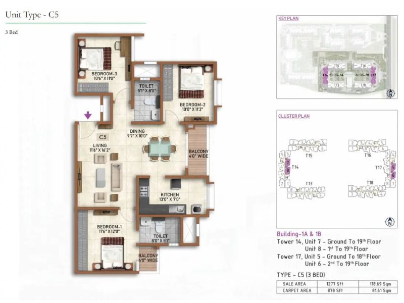 Prestige Finsbury Park 3 BHK Floor Plan Type C5