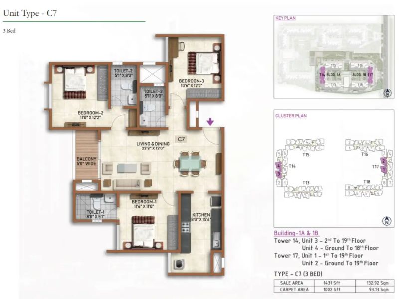 Prestige Finsbury Park 3 BHK Floor Plan Type C7