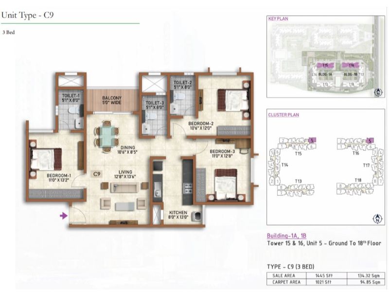 Prestige Finsbury Park 3 BHK Floor Plan Type C9