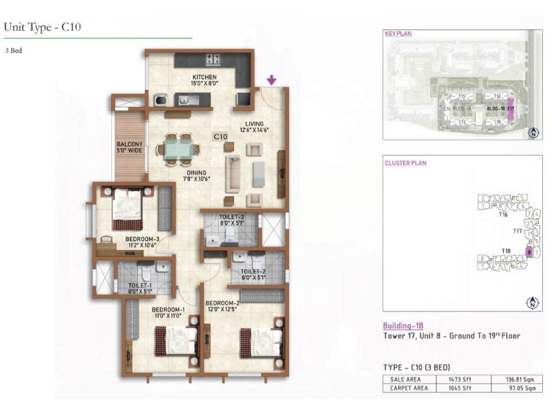 Prestige Finsbury Park 3 BHK Floor Plan Type C10