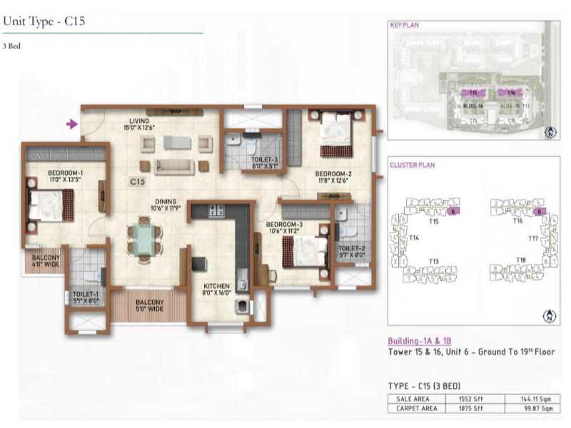 Prestige Finsbury Park 3 BHK Floor Plan Type C15