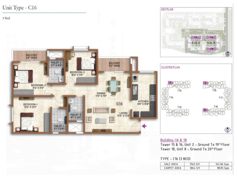 Prestige Finsbury Park 3 BHK Floor Plan Type C16